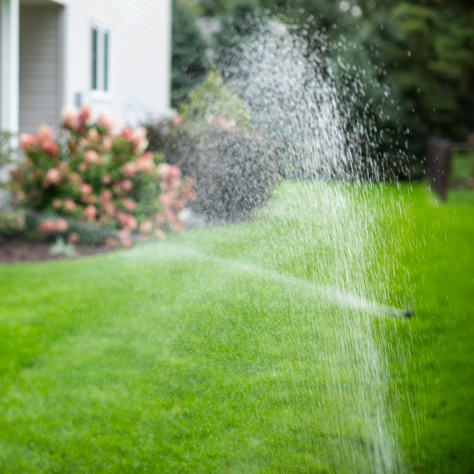lawn irrigation system with a rotary sprinkler watering a lawn