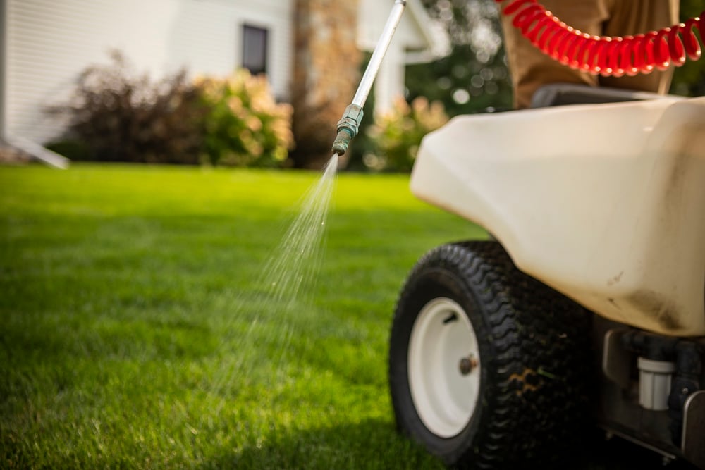 lawn care technician sprays grass for disease