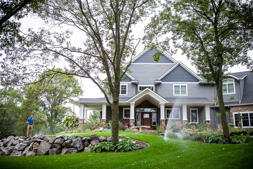 lawn with green grass and irrigation running