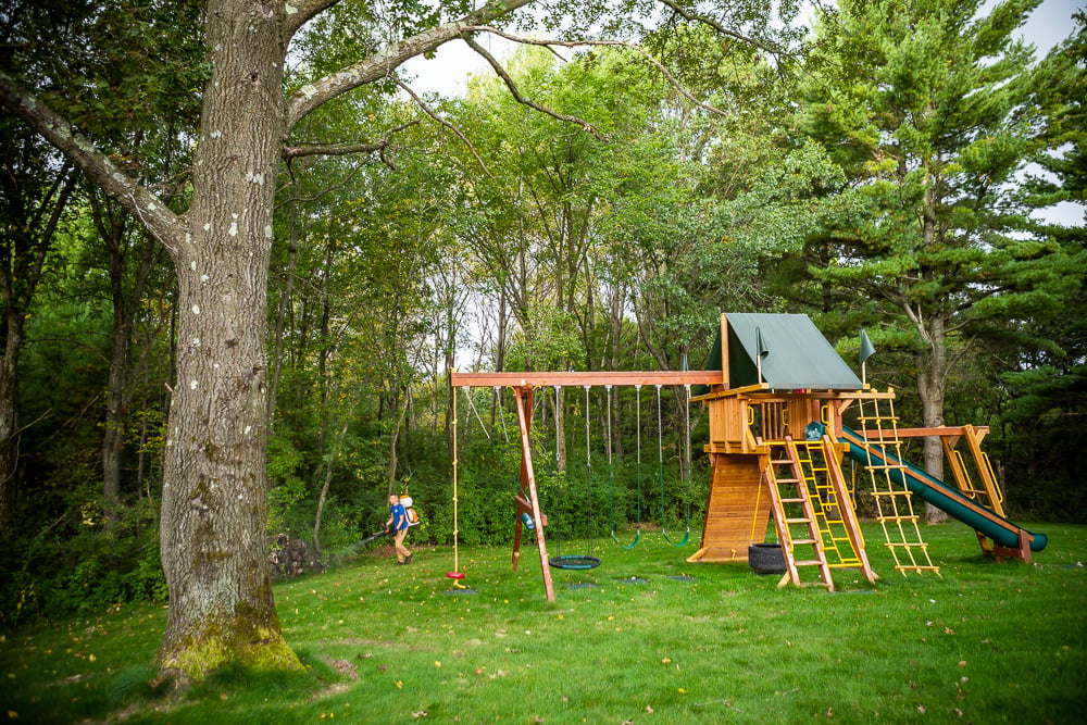 pest control team sprays for ticks near play structure