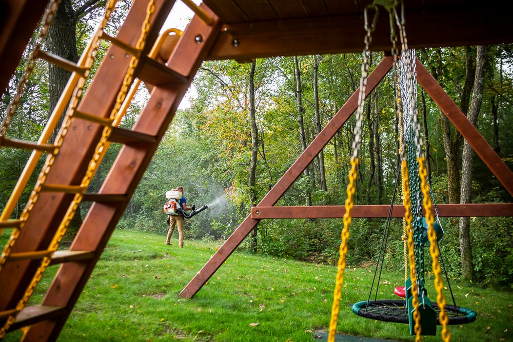 swingset near woods and mosquito spray