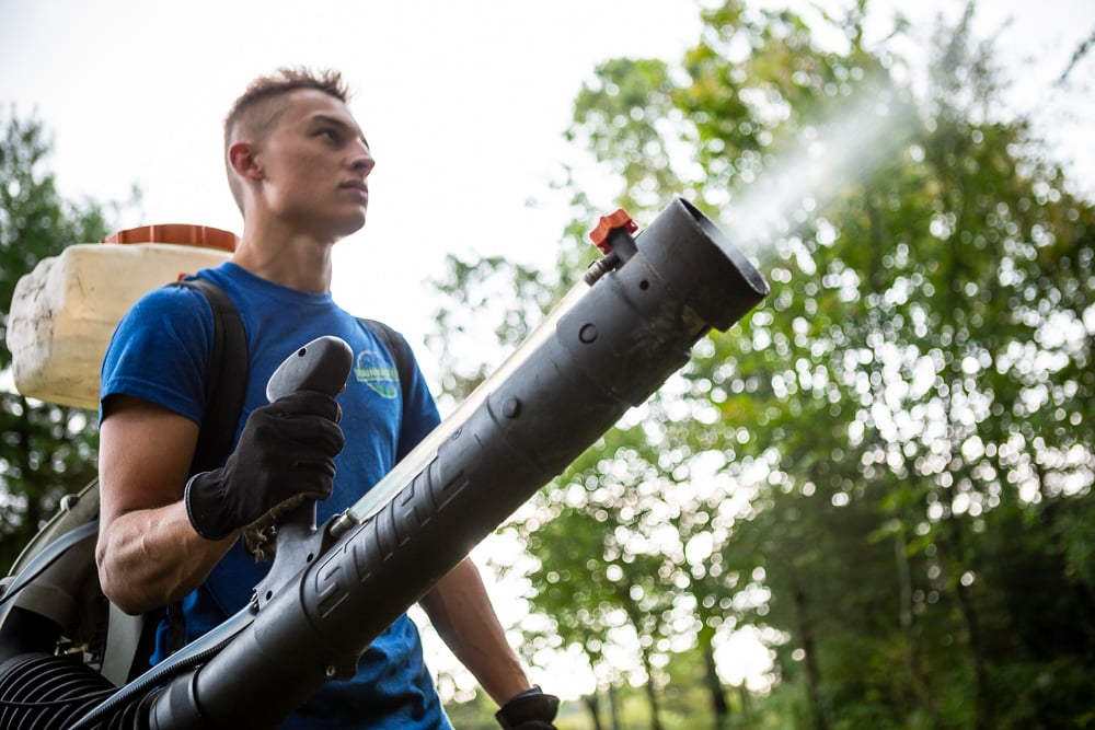 mosquito control team sprays with backpack sprayer