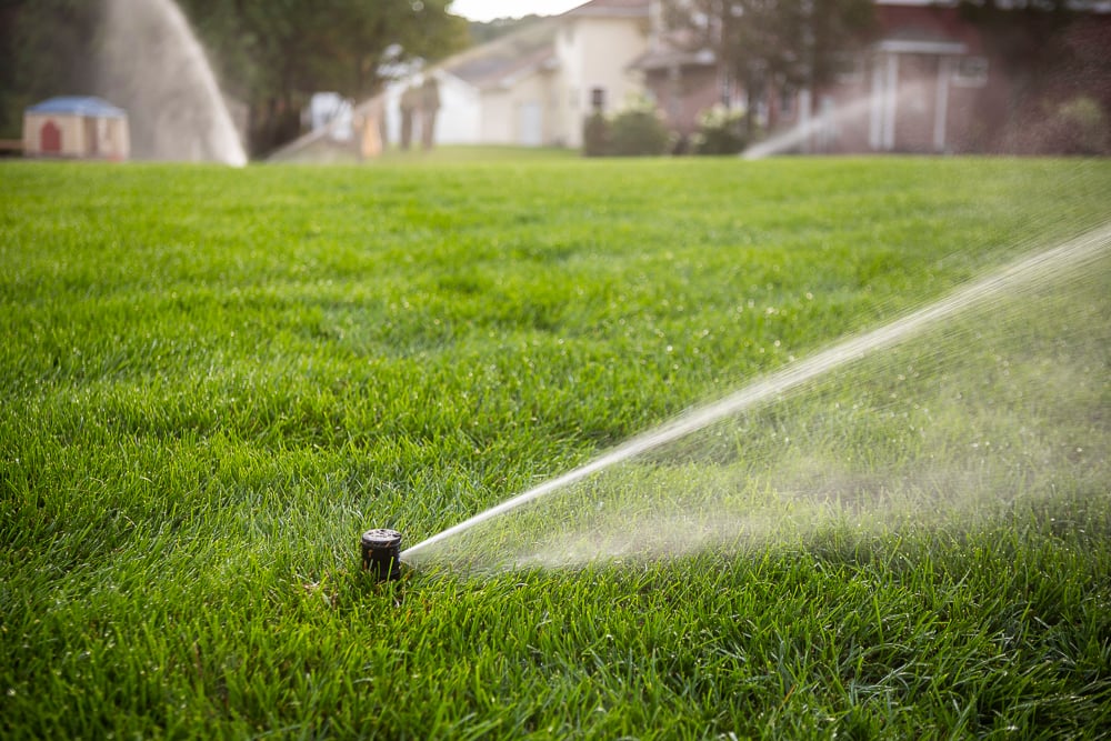 lawn irrigation pop-up sprinkler head watering a lawn