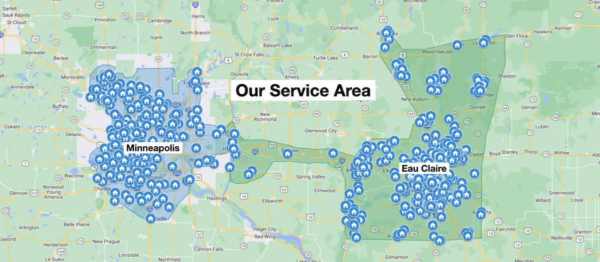 Lawn Care & Irrigation Services map of Minneapolis area and Eau Claire, WI